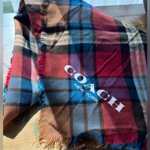Coach Plaid Stripe Scarf Wrap 100% Wool Red Blue Brown